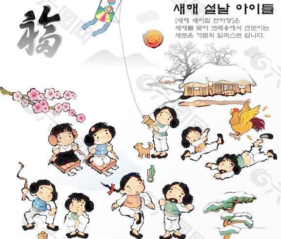 韩国新年儿童玩耍福字水墨风格矢量图04