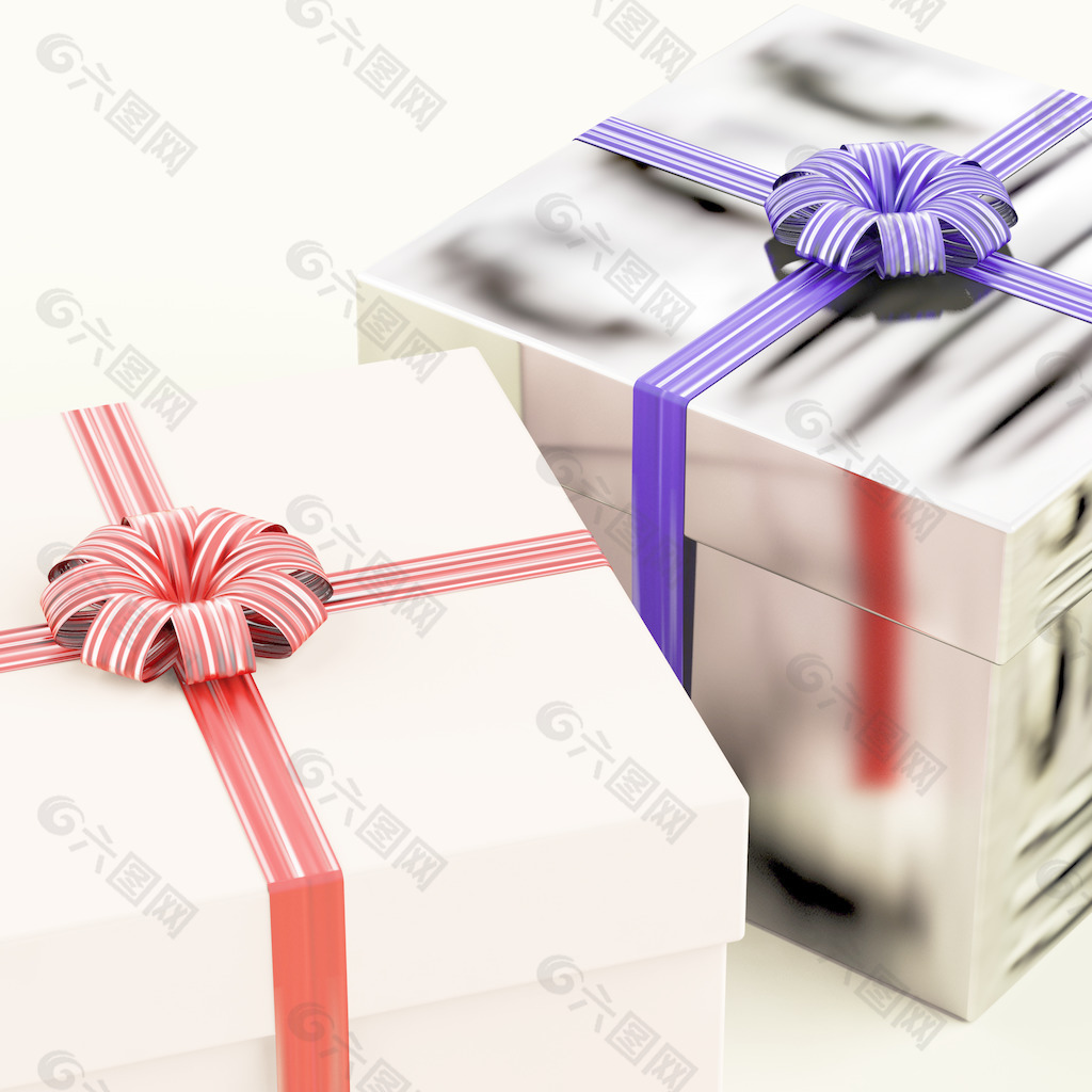 两个礼品盒的蓝色和红色的丝带为他和她的礼物