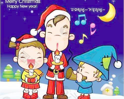 韩国三个孩子庆祝圣诞矢量图素材010