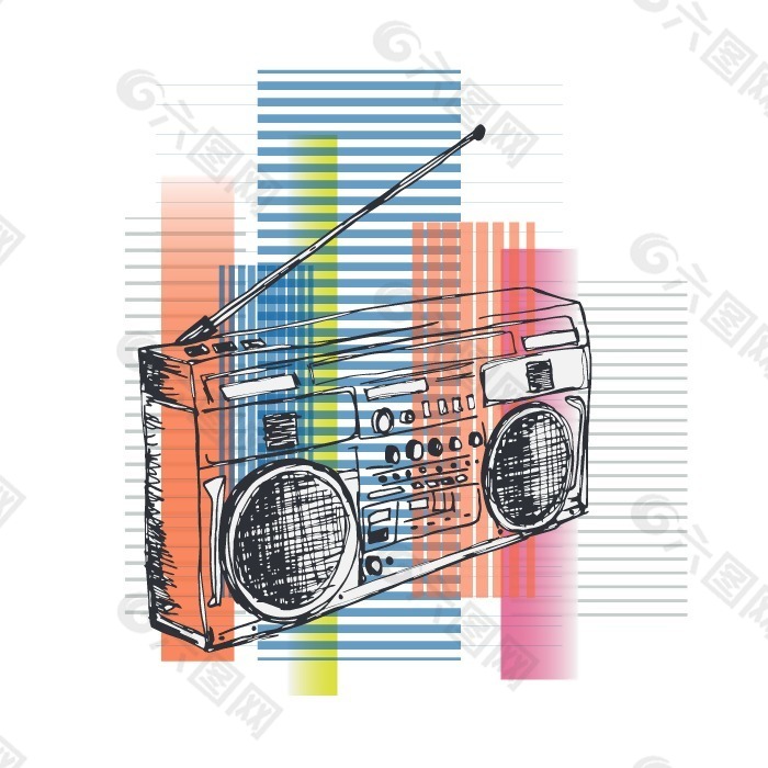 印花矢量图 T恤图案 音乐元素 录音机 几何 免费素材