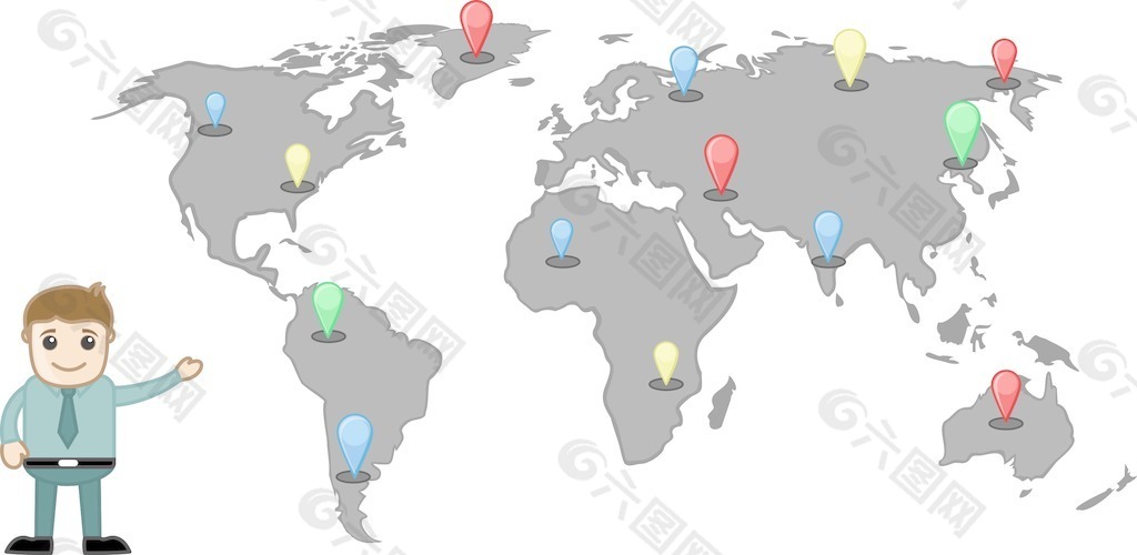 卡通人顯示出具有不同的位置和地點地圖