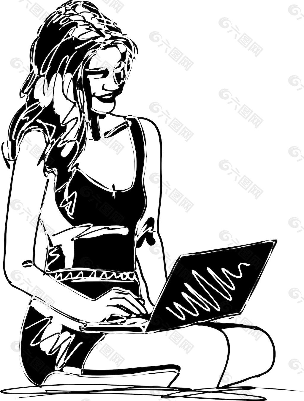 用笔记本电脑插画矢量的年轻女子的素描