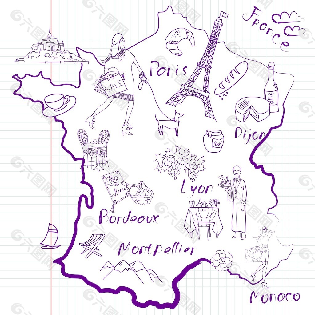 法国的东西 在法国不同地区是著名的程式化的地图
