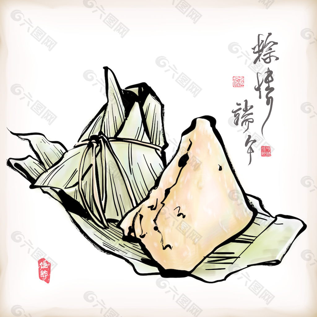 矢量水墨画传统的端午节粽子 饺子翻译的中文文本：爱端午节粽子