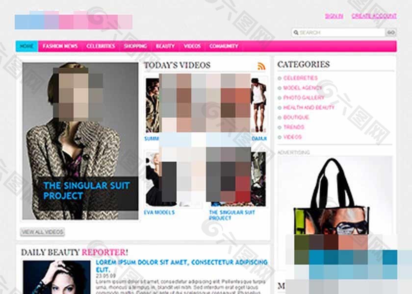 粉红色流行时尚新闻杂志网站模板
