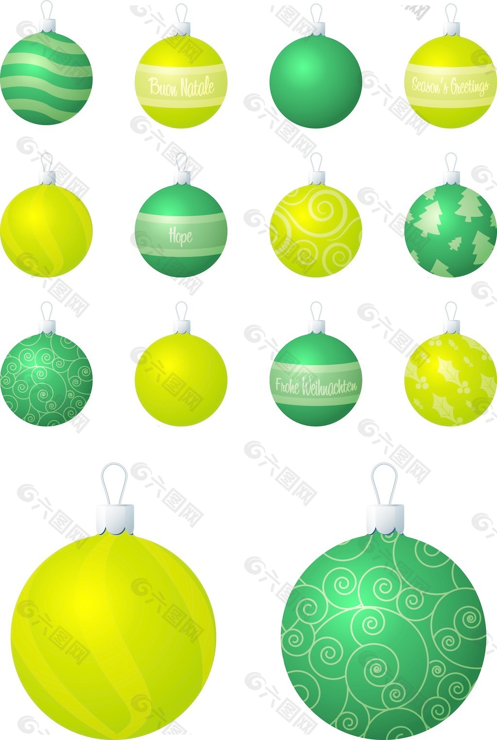 在白色背景上的石灰绿不同图案的圣诞装饰品矢量插图