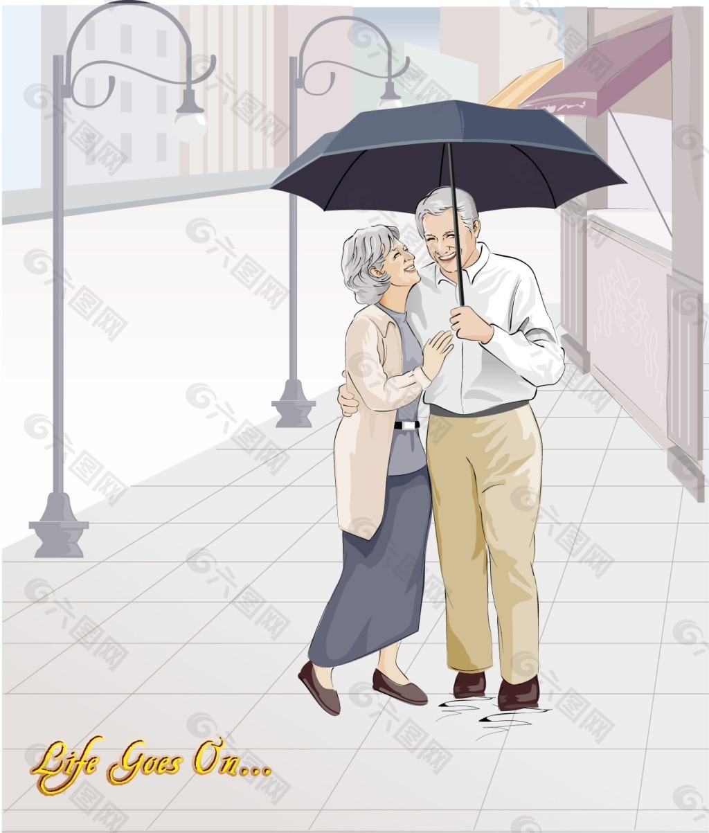 雨中浪漫的老夫妻