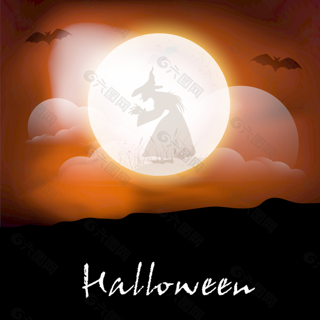 横幅或背景为万圣节晚上在红色背景上的月亮女巫的剪影