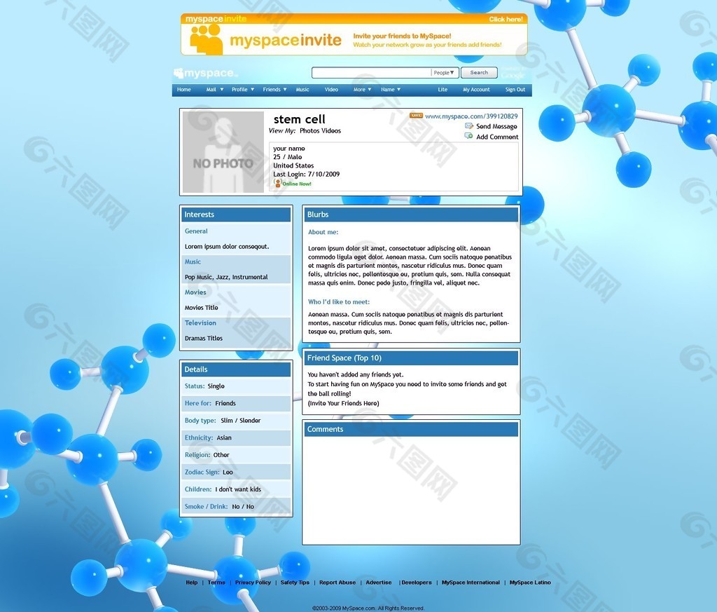 蓝色细胞结构个人网页模板