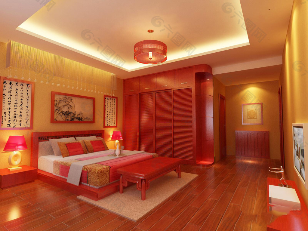 酒红色卧室地板装修效果图 人字拼木地板效果图-地板网