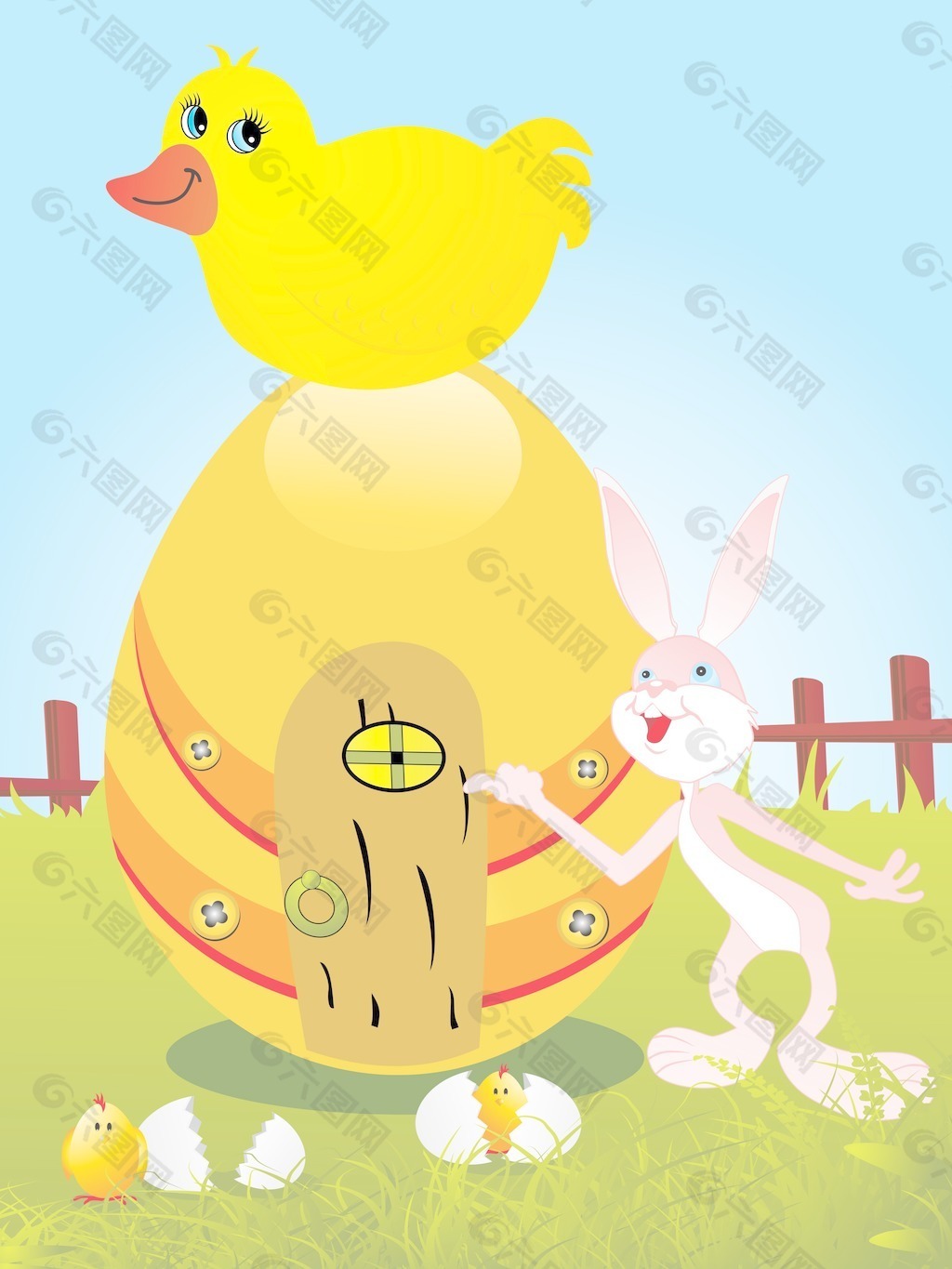 可爱的鸭子坐在蛋花样的家