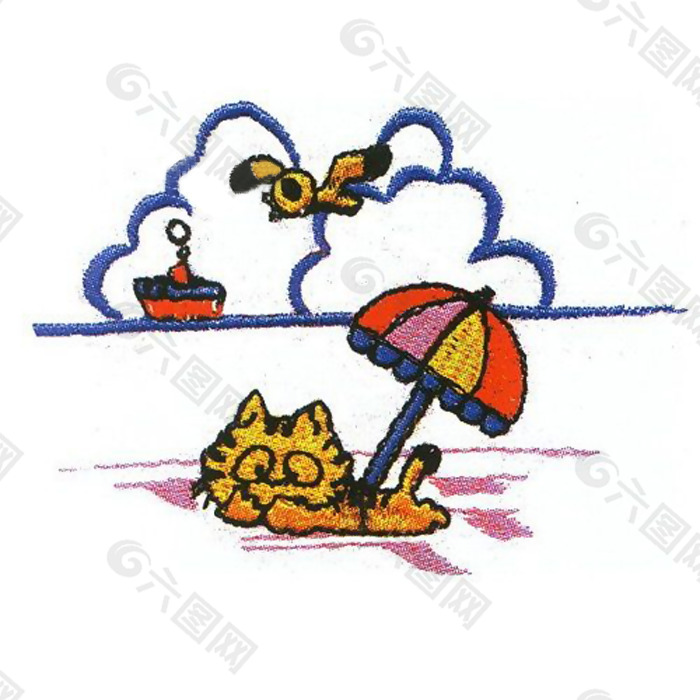 绣花 小猫 雨伞 小鸟 免费素材