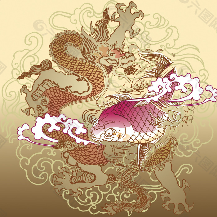印花矢量图 动物 鲤鱼 中国龙 云雾 免费素材