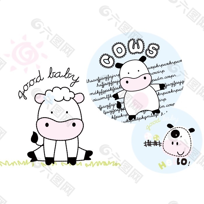 印花矢量图 可爱卡通 卡通动物 奶牛 英文 免费素材