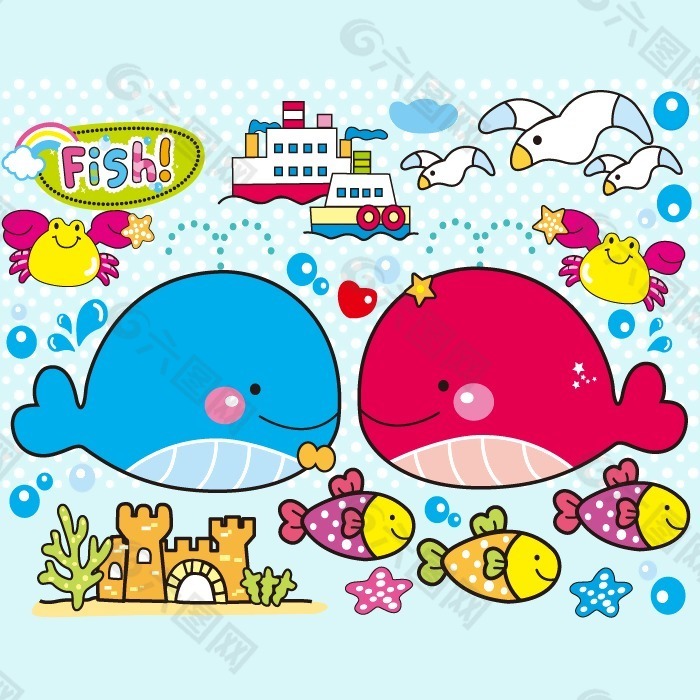 印花矢量图 可爱卡通 卡通动物 海豚 鱼 免费素材