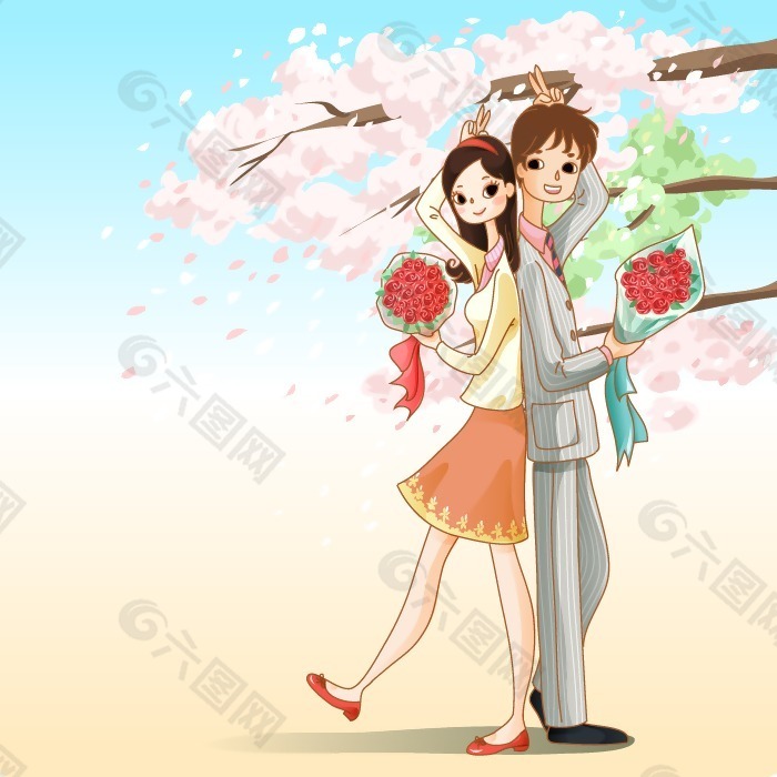 印花矢量图 节日元素 情人节 情侣 花束 免费素材