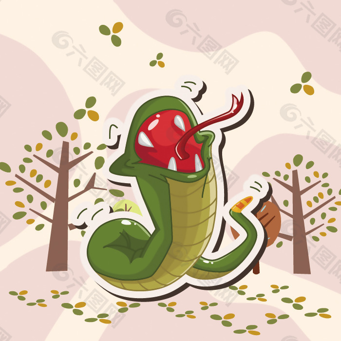 印花矢量图 可爱卡通 卡通动物 毒蛇 大树 免费素材