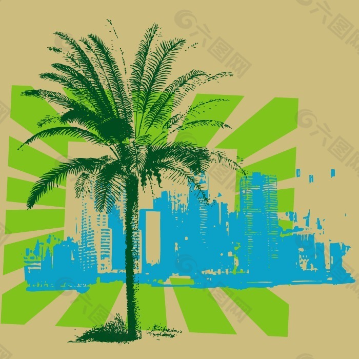 印花矢量图 建筑 城市 城市剪影 椰树 免费素材