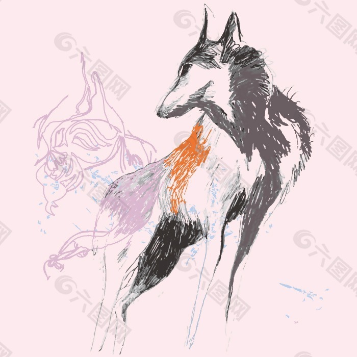 印花矢量图 动物 狼 手绘 色彩 免费素材
