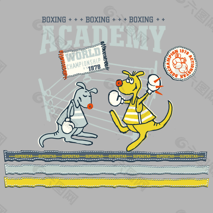 印花矢量图 可爱卡通 动物 袋鼠 拳击 免费素材