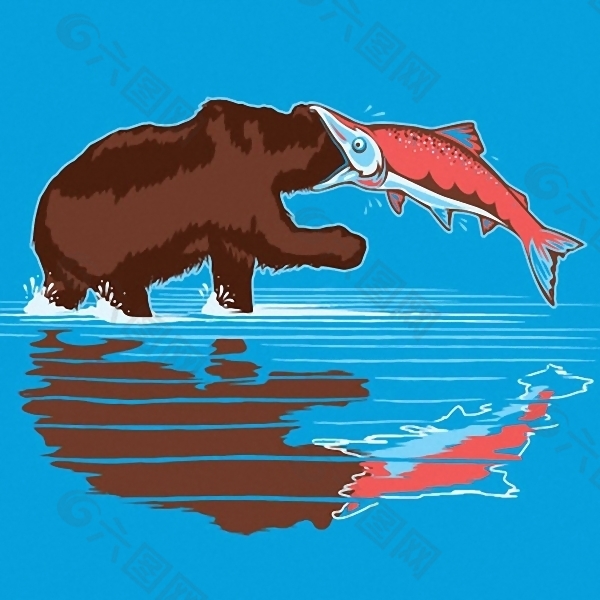 位图 T恤图案 动物 棕熊 鲑鱼 免费素材