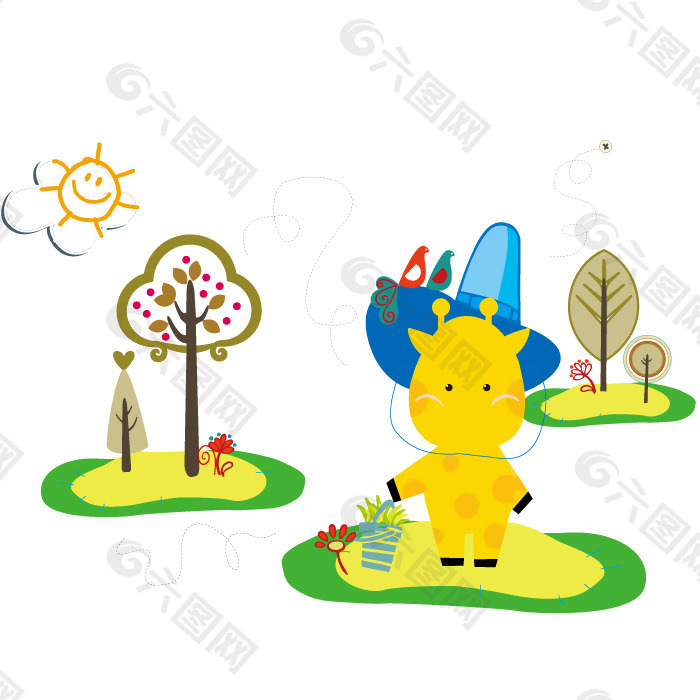 印花矢量图 婴童 卡通动物 黄色 树 免费素材