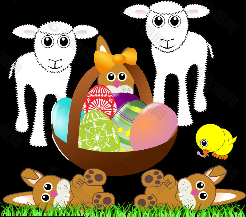 有趣的羔羊，在篮子里的兔子和复活节彩蛋的小鸡
