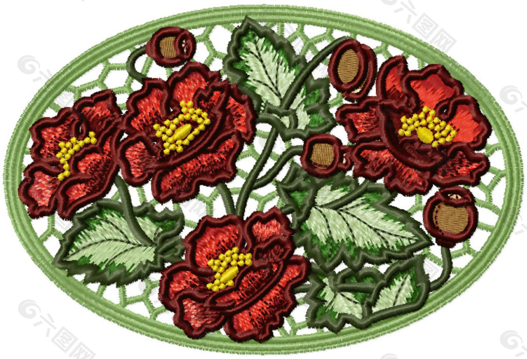 绣花 花卉 传统图案 色彩 红色 免费素材