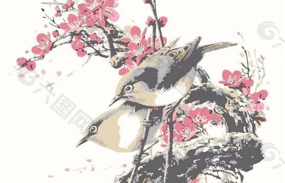在中国传统风格的花鸟绘画画矢量