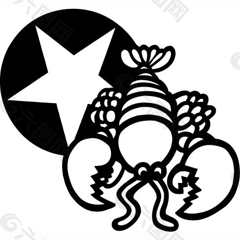 印花矢量图 色彩 黑白色 龙虾 五角星 免费素材