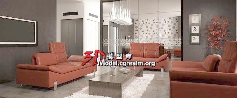 Interior 室内渲染 小客厅 餐厅 三面红色沙发