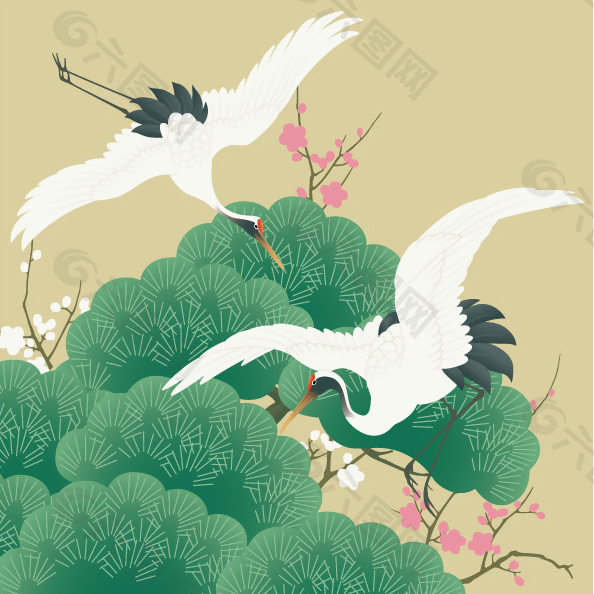 印花矢量图 动物 鸟类 仙鹤 松树 免费素材