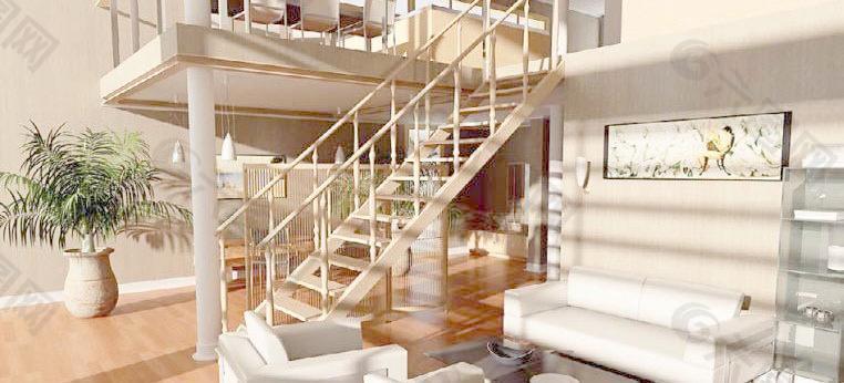高质量 客厅转角楼梯整体模型（带贴图）