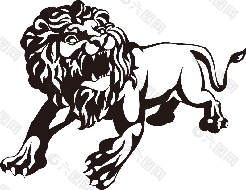 印花矢量图 动物 狮子 黑白色 愤怒 免费素材
