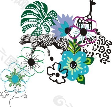 印花矢量图 动物 长颈鹿 豹子 抽象动物花卉 免费素材