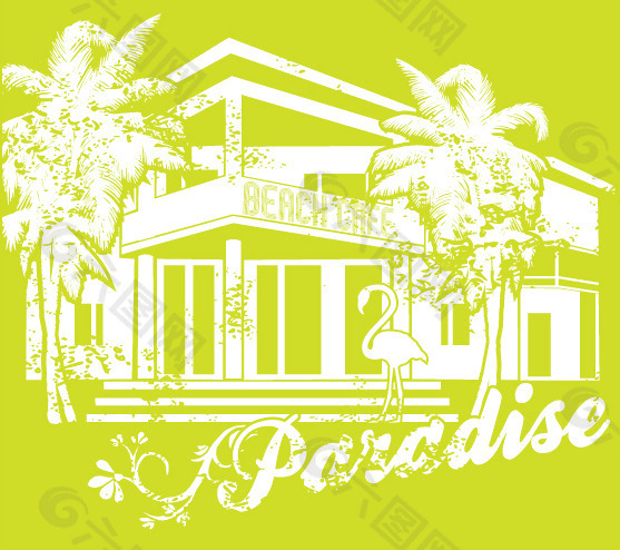 印花矢量图 椰树 建筑 房子 热带风格 免费素材