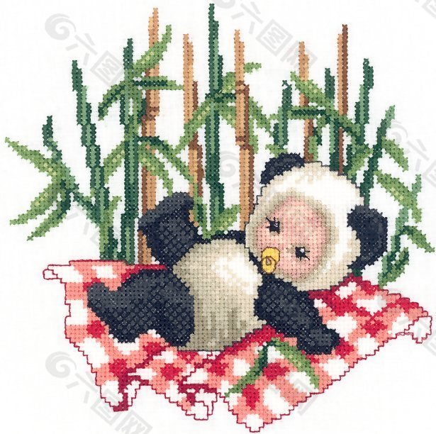 绣花 大熊猫 婴儿 竹子 床单 免费素材