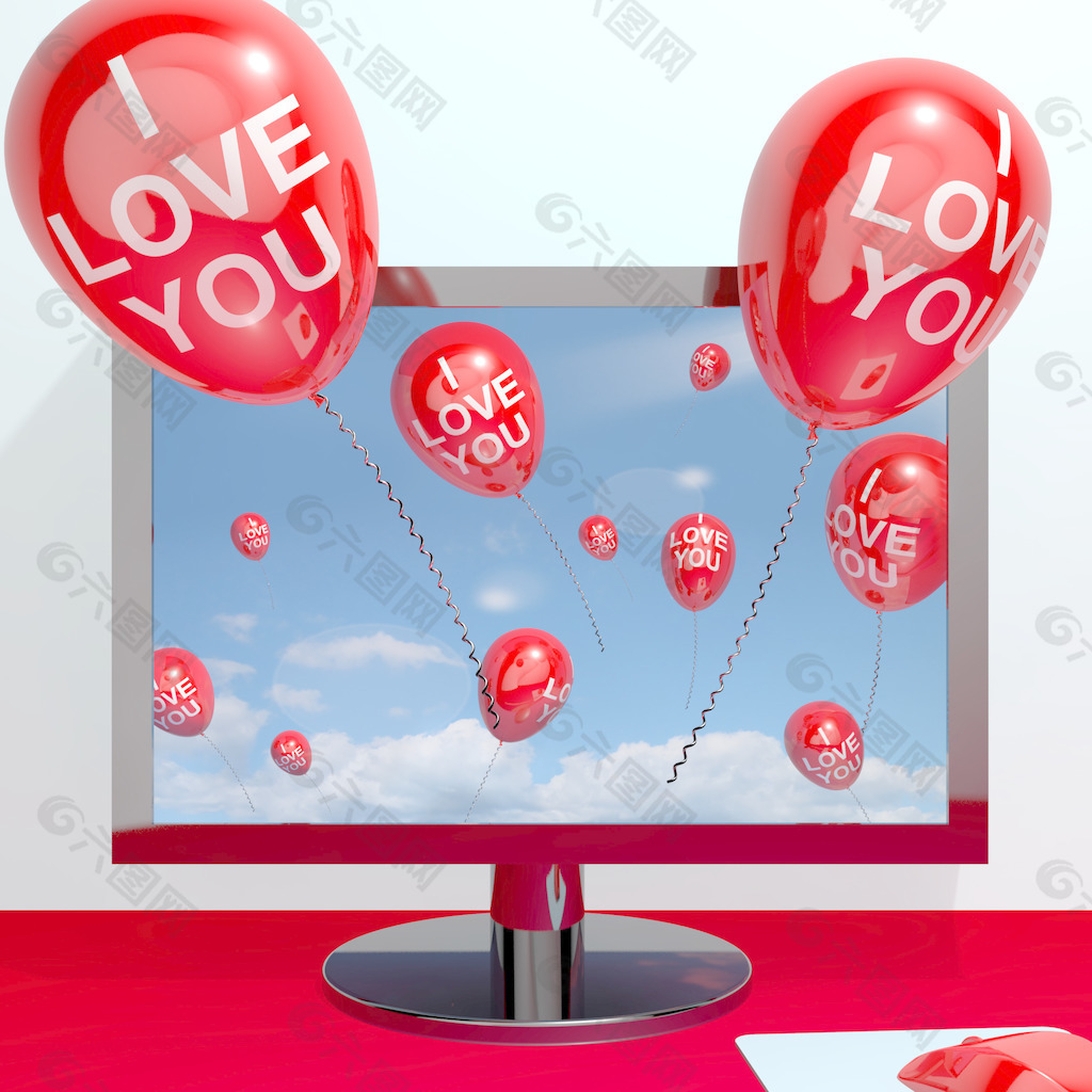 我爱你从计算机屏幕显示爱和在线约会的气球