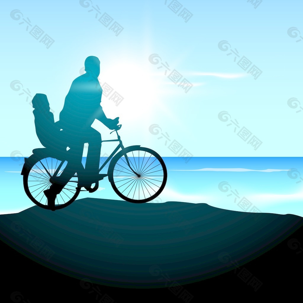一个父亲和他的孩子的轮廓去骑车