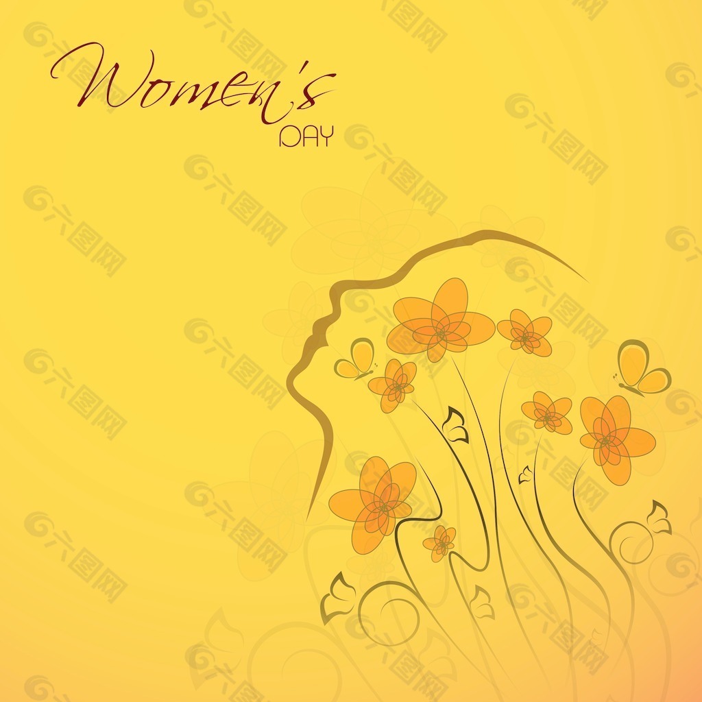 三八妇女节贺卡或海报用花装饰的黄色背景 一个女人插画设计