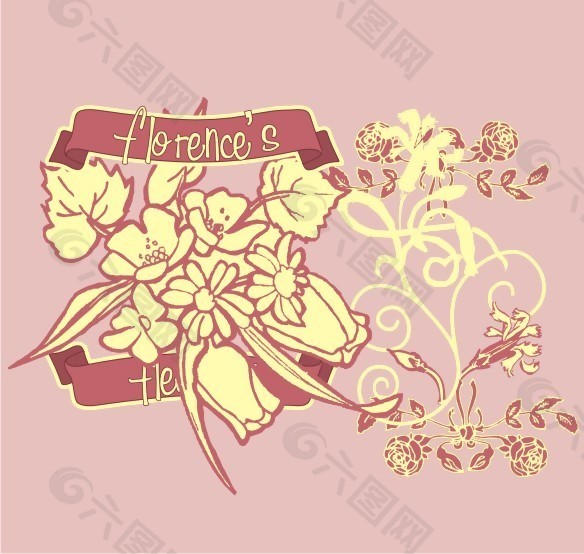 英文 植物 徽章标记 花纹 粉色 免费素材