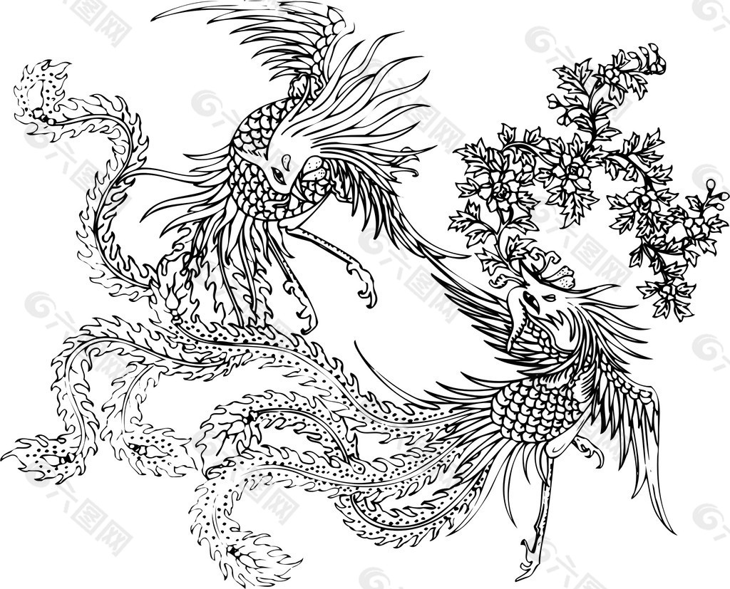印花矢量图 动物 鸟类 凤凰 吉祥 免费素材