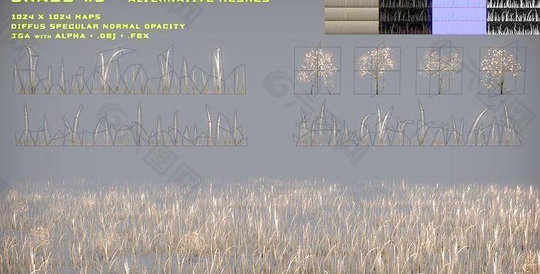 Free Grass Pack 3 细化网格版本 干枯的小草游戏低模