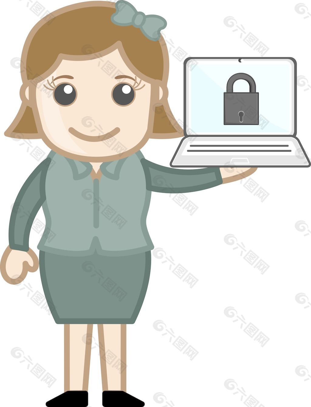 一位年轻女子坐在椅子上打字，膝盖上放着一台笔记本电脑。卡通风格。插画图片素材_ID:346878947-Veer图库