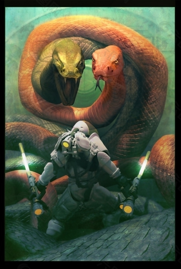 位图 插画 灵异 大蟒蛇 探险者 免费素材