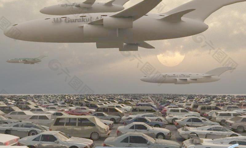 未来的停车场和机场Airport parking lot coming in for landing