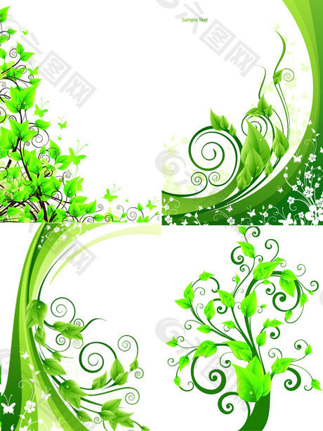 绿色植物花纹边角矢量素材