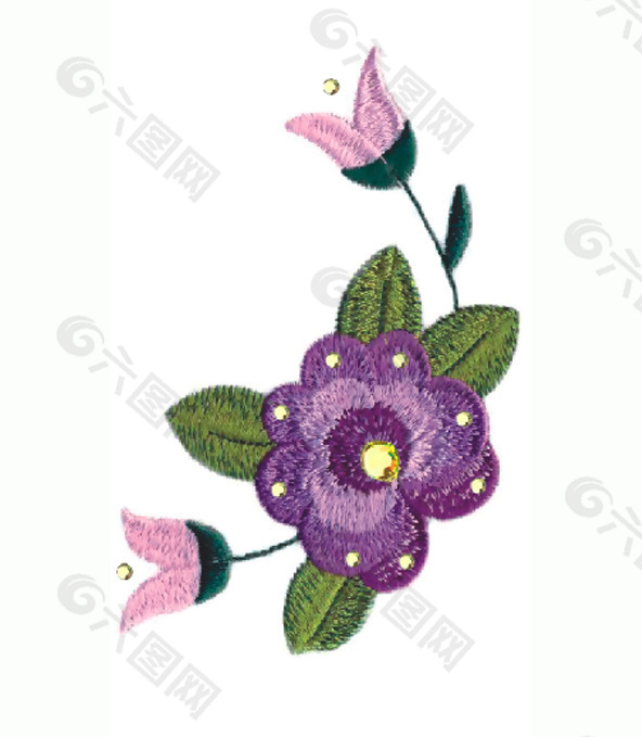 绣花 花卉 色彩 绿色 紫色 免费素材