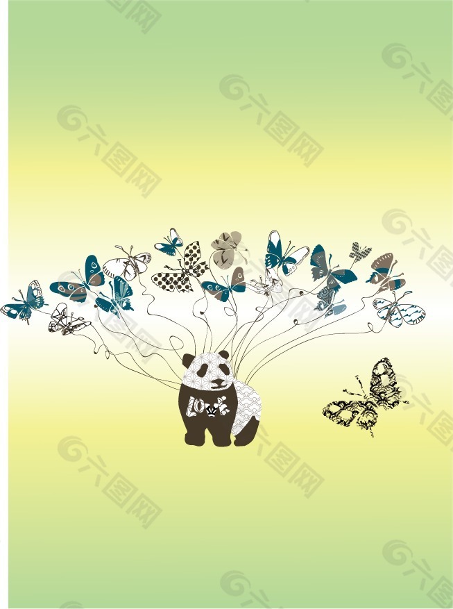 印花矢量图 动物 熊猫 蝴蝶 色彩 免费素材