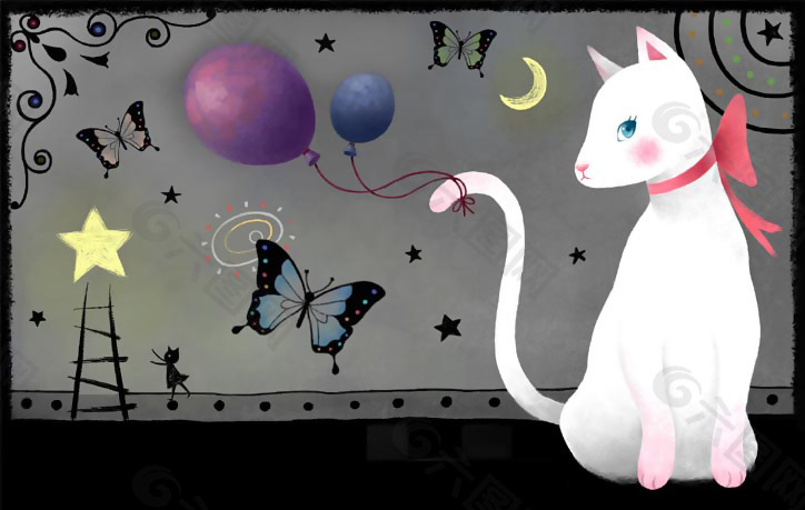 位图 卡通风格 动物 小猫 蝴蝶 免费素材